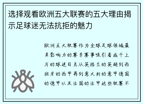 选择观看欧洲五大联赛的五大理由揭示足球迷无法抗拒的魅力